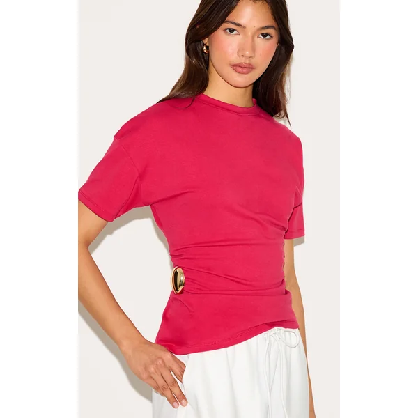 Red Trim Detail Asymmetric Hem T Shirt