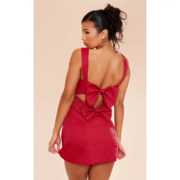 Red Twill Cut Out Bow Shift Dress