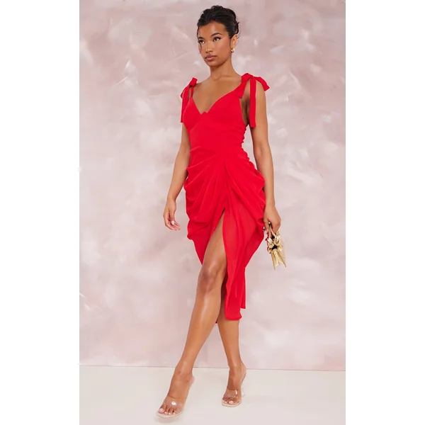 Red Underwire Detail Draped Midi Dress