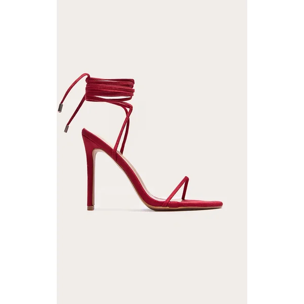 Red Wide Fit Faux Suede Round Toe Barely There Heeled Sandals