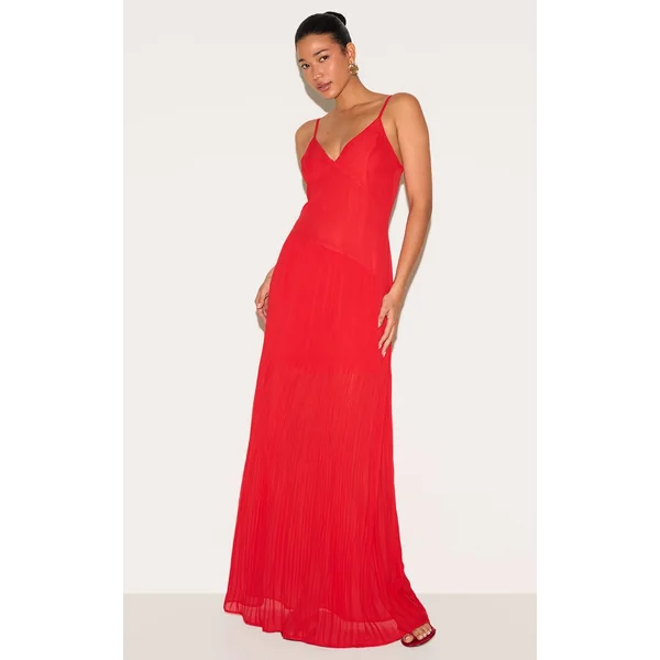 Red Woven Pleated Hem Detail Spaghetti Maxi Dress