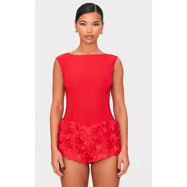 Red Woven Rose Applique Boat Neck Romper