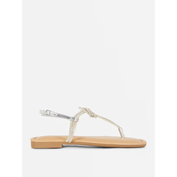 Rhinestone Thong Sandals - Silver