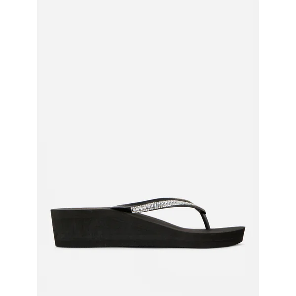 Rhinestone Wedge Flip Flops - Black