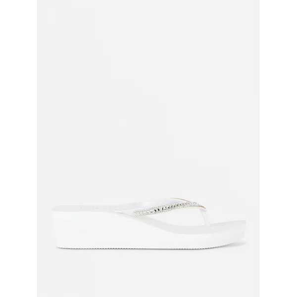 Rhinestone Wedge Flip Flops - White