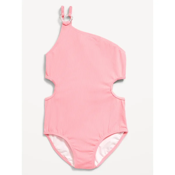 Ribbed Asymmetric One-Piece Swimsuit for Girls - Light Peony