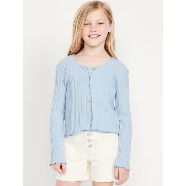Ribbed Button-Front V-Neck Cardigan Sweater for Girls - Cashmere Blue