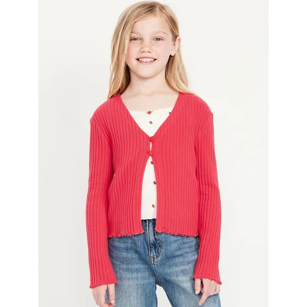 Ribbed Button-Front V-Neck Cardigan Sweater for Girls - Coral Tropics