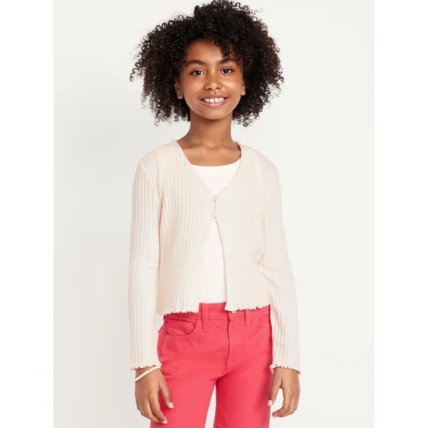 Ribbed Button-Front V-Neck Cardigan Sweater for Girls - Creme De La Creme