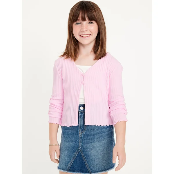 Ribbed Button-Front V-Neck Cardigan Sweater for Girls - Oleander