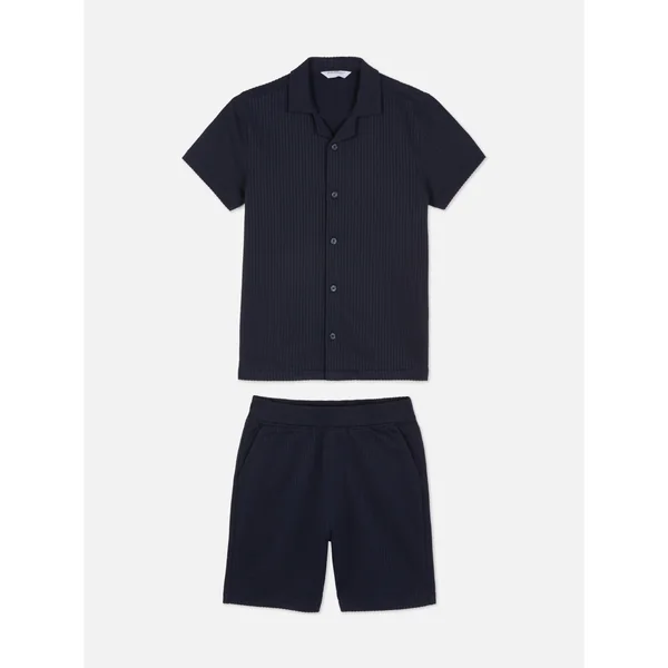 Ribbed Button-Up Shirt and Shorts Set - Navy