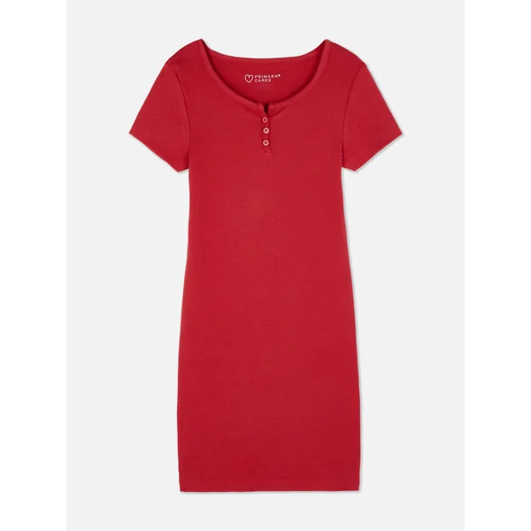 Ribbed Henley Dress - Red
