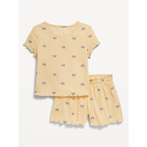 Ribbed Lettuce-Edge Pajama Top and Shorts Set for Girls - Butterflies