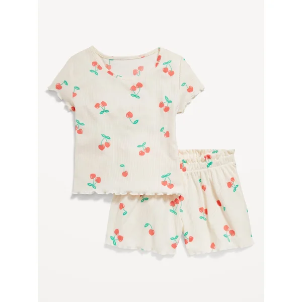 Ribbed Lettuce-Edge Pajama Top and Shorts Set for Girls - Cherries