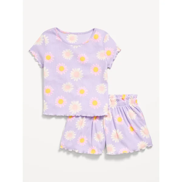 Ribbed Lettuce-Edge Pajama Top and Shorts Set for Girls - Daisy