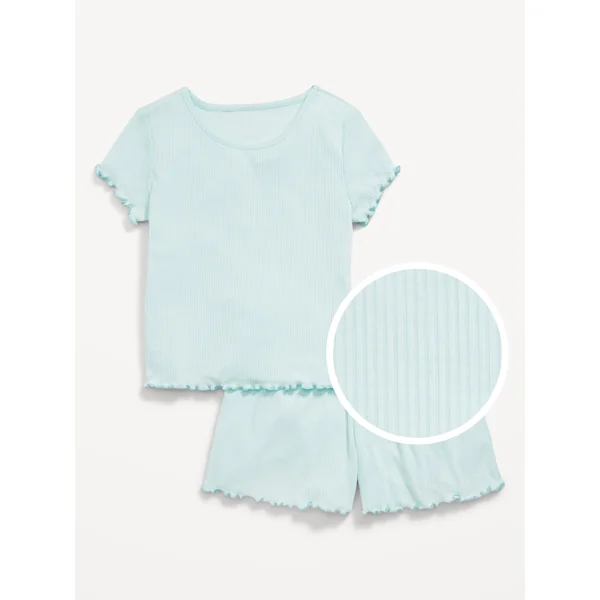 Ribbed Lettuce-Edge Pajama Top and Shorts Set for Girls - Light Blue