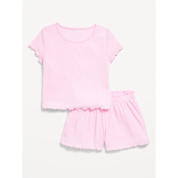Ribbed Lettuce-Edge Pajama Top and Shorts Set for Girls - Oleander