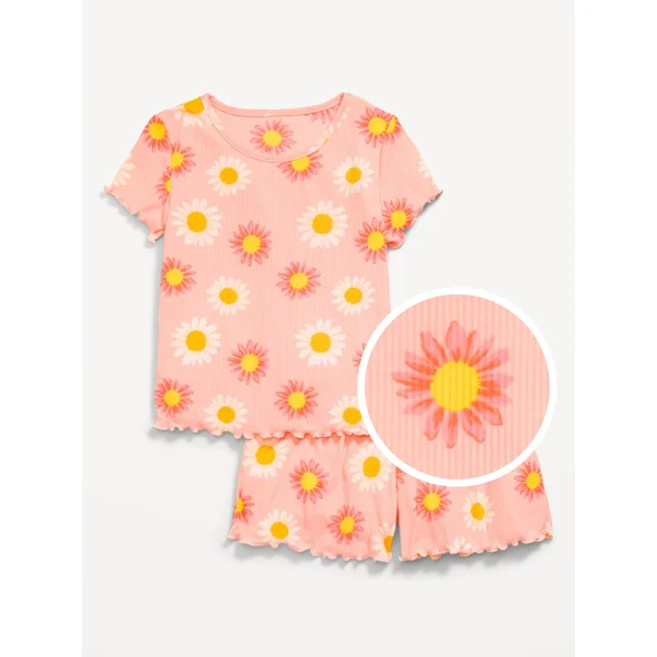 Ribbed Lettuce-Edge Pajama Top and Shorts Set for Girls - Peach Floral