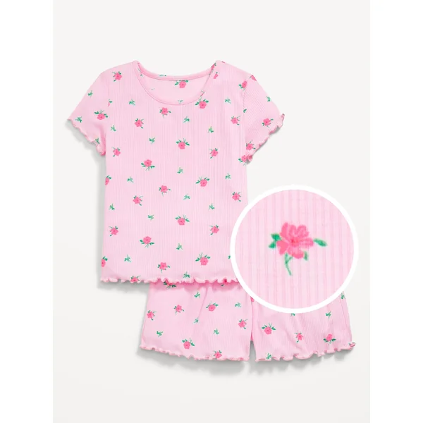 Ribbed Lettuce-Edge Pajama Top and Shorts Set for Girls - Pink Floral