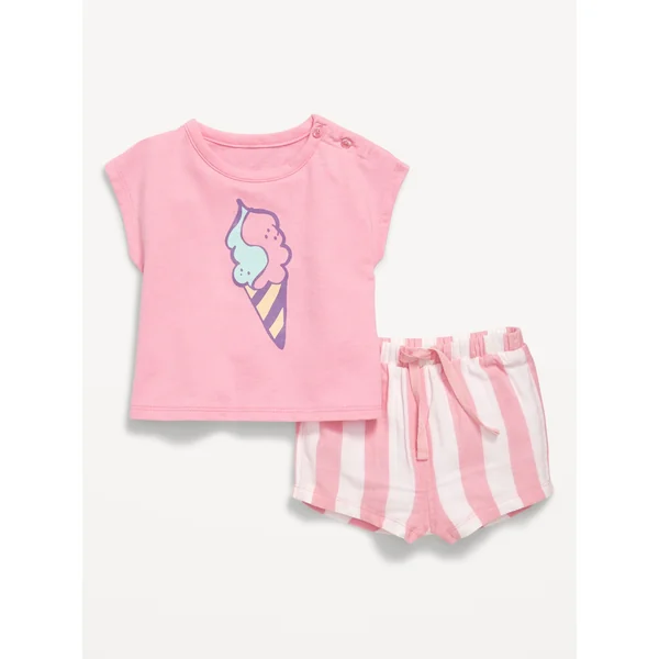 Ringer Graphic T-Shirt and Shorts Set for Baby - Pink Stripe