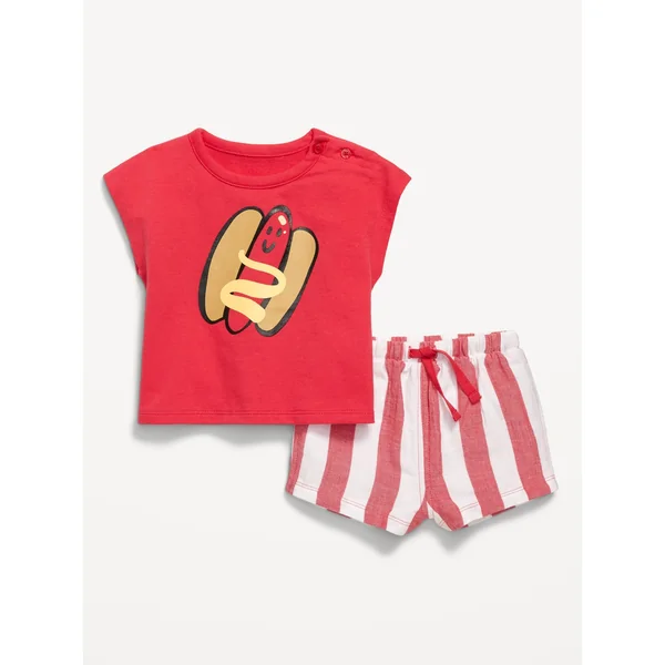 Ringer Graphic T-Shirt and Shorts Set for Baby - Red Stripe