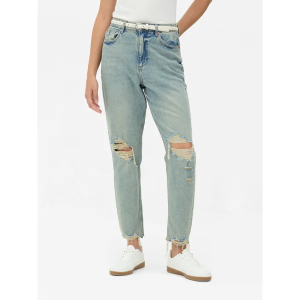Ripped Denim Mom Jeans - Light Blue