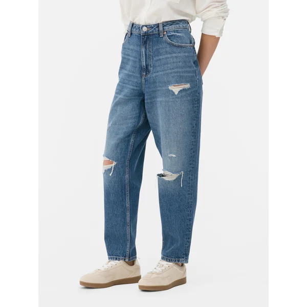 Ripped Denim Mom Jeans - Mid Blue