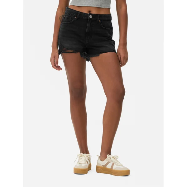 Ripped Denim Shorts - Black