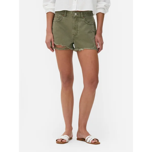 Ripped Denim Shorts - Olive