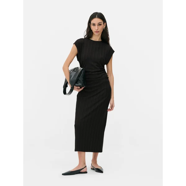 Ruched Ribbed Midi Dress - Black