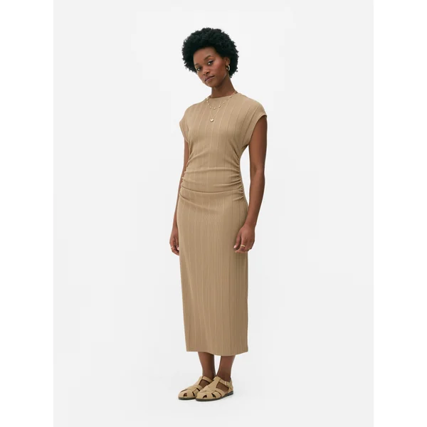 Ruched Ribbed Midi Dress - Stone