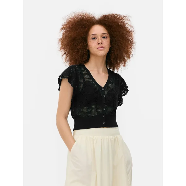 Ruffle Sleeve Cropped Cardigan - Black