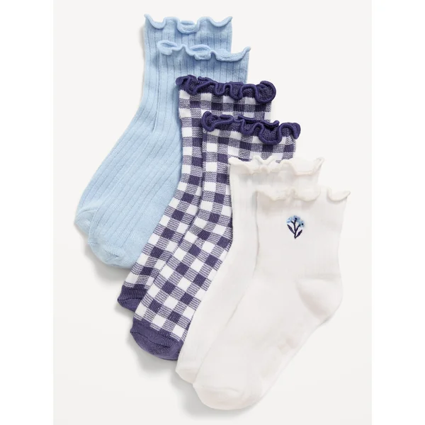 Ruffle-Cuff Crew Socks 3-Pack for Toddler & Baby - Lt Blue Gingham