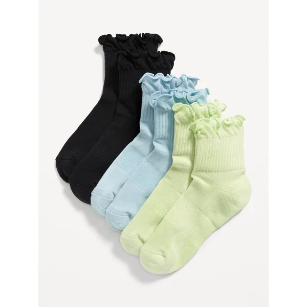 Ruffle-Cuff Quarter-Crew Performance Socks 3-Pack for Girls - Cool Combo