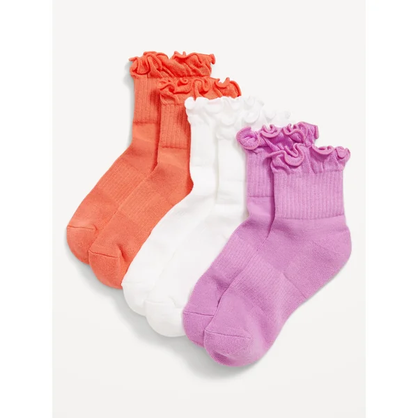 Ruffle-Cuff Quarter-Crew Performance Socks 3-Pack for Girls - Tan Combo