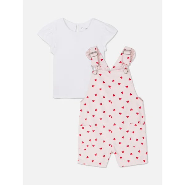 Ruffled T-Shirt and Heart Overalls Set - Light Pink