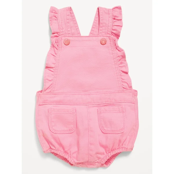 Ruffle-Trim Twill Pocket Shortalls for Baby - Anemone Pink