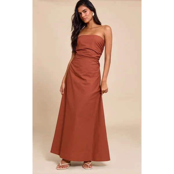 Rust Bandeau Ruched Waist Detail Maxi Dress