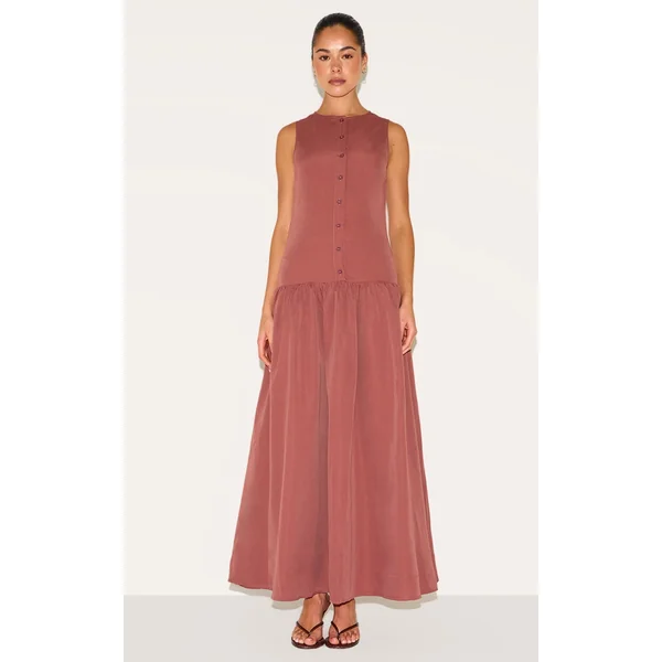 Rust Button Down Drop Waist Maxi Dress
