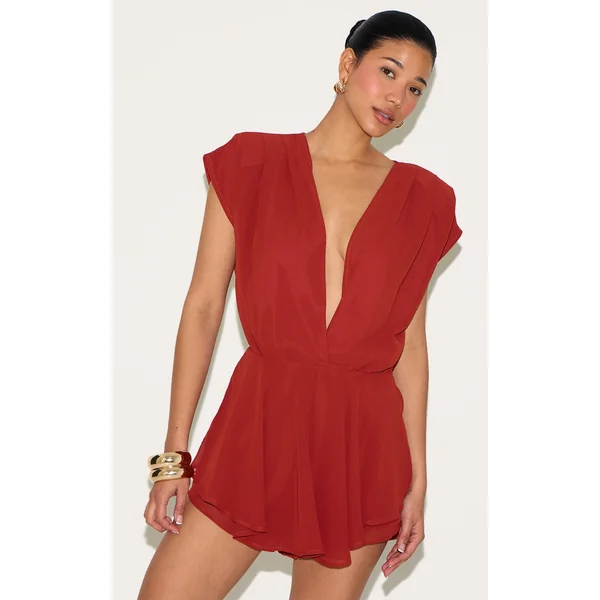 Rust Chiffon Extreme Plunge Neck Floaty Romper