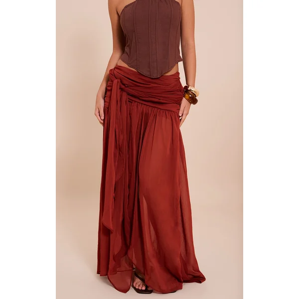 Rust Chiffon Lined Tie Front Maxi Skirt