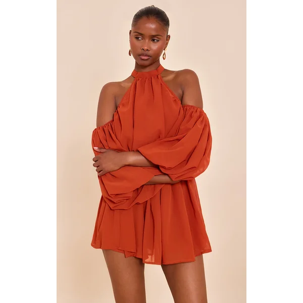 Rust Chiffon Ruffle Off Shoulder Romper
