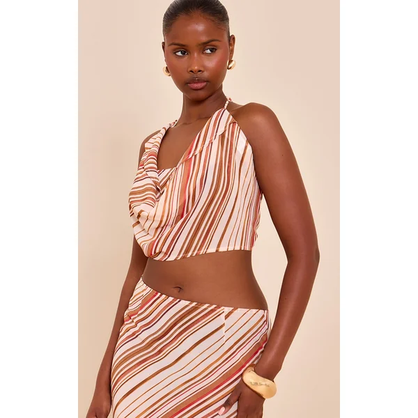 Rust Chiffon Striped Halterneck Strappy Top