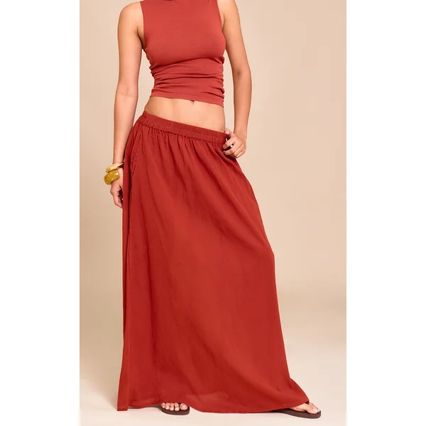 Rust Cotton Cheesecloth Elasticated Waist Maxi Skirt