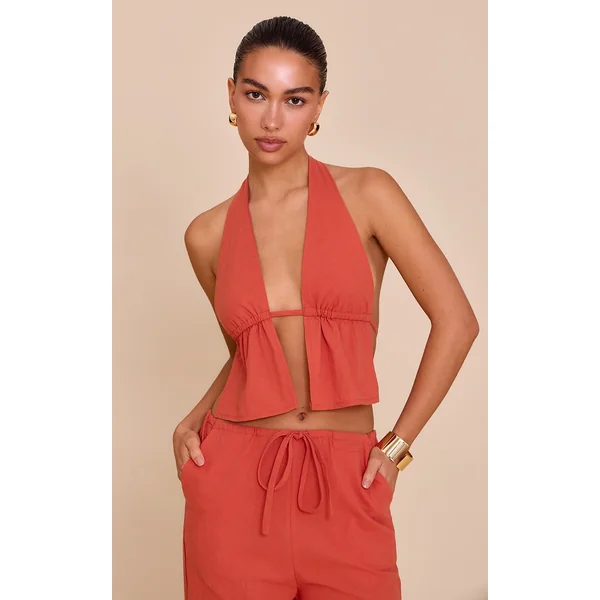 Rust Cotton Halterneck Backless Plunge Top