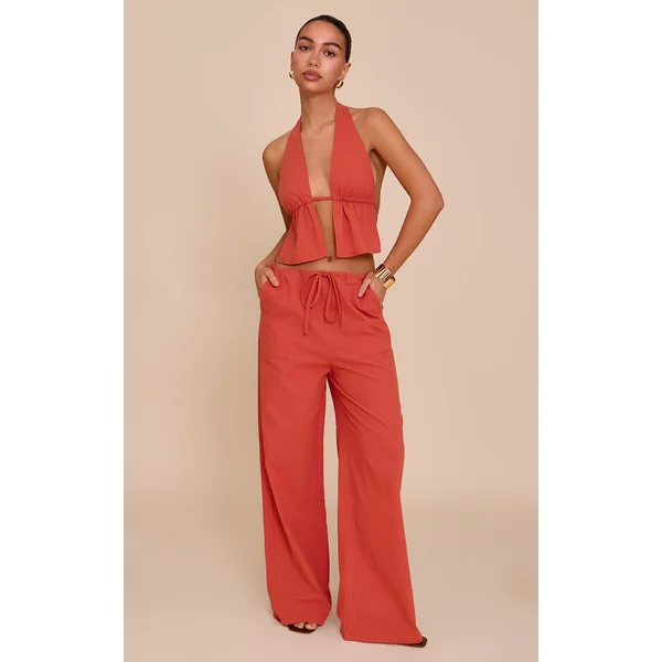 Rust Cotton Low Rise Drawstring Wide Leg Pants