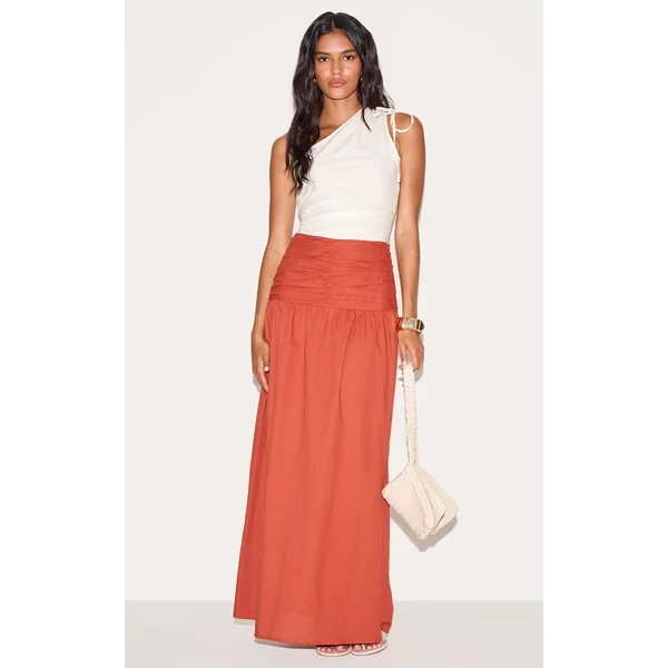 Rust Cotton Ruched Waist Maxi Skirt