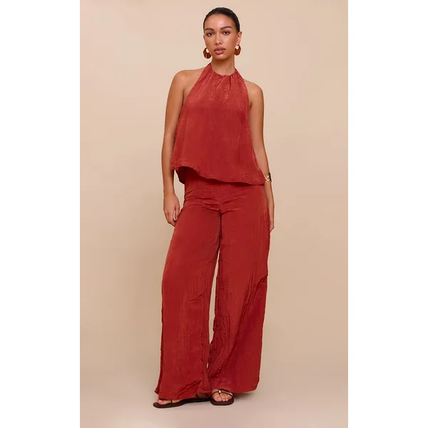 Rust Crinkle Satin Halterneck Overlay Jumpsuit