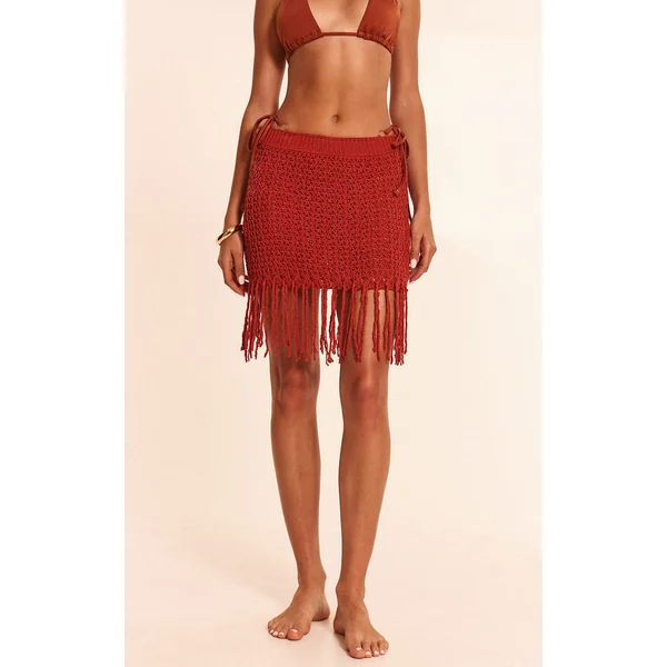 Rust Crochet Knit Tassel Mini Skirt