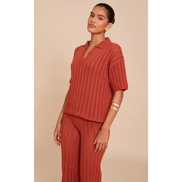 Rust Crochet Rugby Knit Top